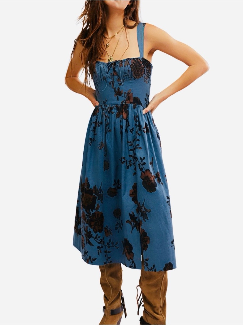 FREE PEOPLE Laters Baby Midi Dress Storm Blue Brown Milkmaid Cinch Bust Size M - Picture 2 of 12